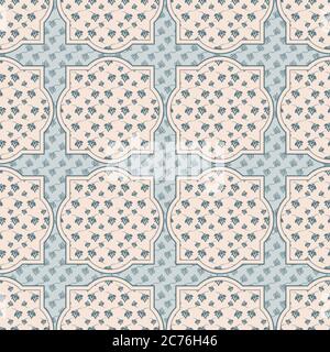 Geomtrische Fliesen mit blauen Blumen nahtlose Vektor-Muster Stock Vektor