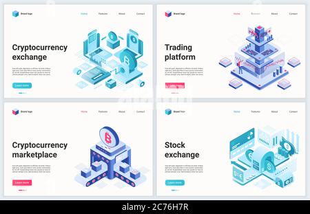 Isometrische Kryptowährung Blockchain-Technologie Vektor Illustration. Kreatives Konzept Banner-Set, Website-Design mit Cartoon 3d-Handelsplattform Dienstleistungen für Austausch und Verkauf Bitcoin Krypto Währung Stock Vektor