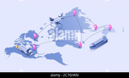 World Map logistischen Tracking-Prozess über Flugzeug, LKW und Versand. 3D-isometrisches Illustrationsvektorbild Stock Vektor