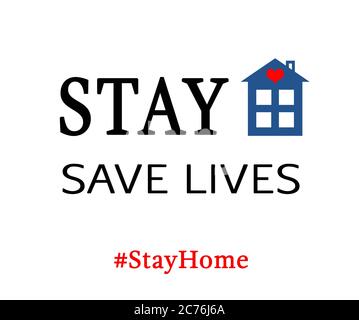 „Stay at Home“-Schriftzug mit „House“ und „Red Heart“. Schutzkampagne vor Coronavirus, COVID--19. Bleiben Sie zu Hause Quarantäne Coronavirus Epidemie Hintergrund fo Stockfoto