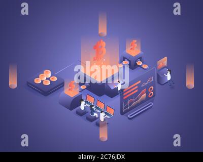 Die Leute verarbeiten die graphischen Diagrammanalysedaten der Kryptowährung. Isometrische Darstellung des 3D-Vektorgrafikes. Stock Vektor