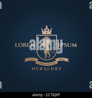 Heraldry Crest Abstraktes Vektorzeichen, Symbol oder Logo-Vorlage. Goldene Löwensilhouette mit Schild, Banner, Krone und klassischer Retro-Typografie. Vintage Stock Vektor