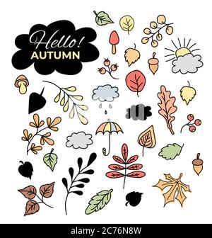 Vektor-Set von Herbstzeichnungen. Kontur und Farbe - verschiedene Blätter und Zweige, Beeren und Eicheln, die Sonne und Wolken, ein Regenschirm und regen. Verwenden für Stock Vektor
