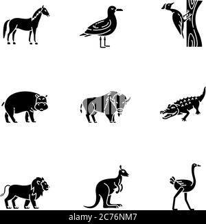 Fliegende und Landtiere schwarze Glyphen-Symbole auf weißem Raum gesetzt. Gemeinsame Vögel und exotische Tierwelt Silhouette Symbole. Verschiedene Pflanzenfresser Säugetiere und Carni Stock Vektor