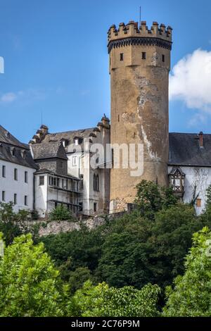 Burg Dehrn über der Lahn im Dorf Dehrn, Teil der Stadt Runkel, Bezirk Limburg-Weilburg in Hessen, Deutschland, Europa Stockfoto