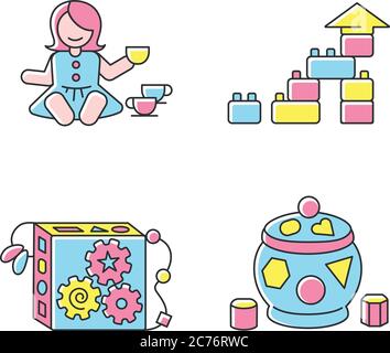 Sensorische Spielzeuge für Kleinkinder RGB-Farbsymbole Set. Baby Puppe mit Tee-Set. Pädagogisches Spielzeug für Kinder frühe Entwicklung. Kinder Unterhaltung und Aktivität Stock Vektor