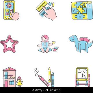 Kleinkinder Spielzeug Symbole gesetzt. Stellen Sie Telefon und faltbare Alphabet Spielmatte. Baby Puppe mit Tee-Set. Motorik Entwicklung Spielzeug. Linear, schwarz und RGB Stock Vektor