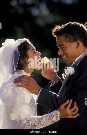 Der neuvermählte Latino Bräutigam füttert seine Braut mit Hochzeitstorte Stockfoto