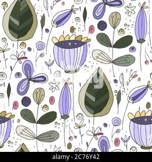 Florales Doodle nahtloses Vektor-Muster. Blume Sommer handgezeichneten Hintergrund mit trendigen Natur abstrakte Skizze Illustration mit Speichern echte Textur. Stock Vektor