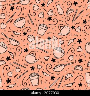 Handgezeichnetes nahtloses Muster aus asiatischen Food-Elementen, Wok, Ramen, Nudel, Soja. Doodle-Skizzenstil. Cuisine Element gezeichnet von digitalen Stift. Vektor-Illustration für Menü, Rezept, Textil-Design. Stock Vektor