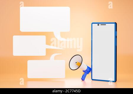 Blaues Handy und leere Chat-Boxen vor dem Megaphon auf orangefarbenem Hintergrund. Das Konzept der Benachrichtigungen oder Nachrichten Ankündigungen zu sein, zu bestätigen Stockfoto