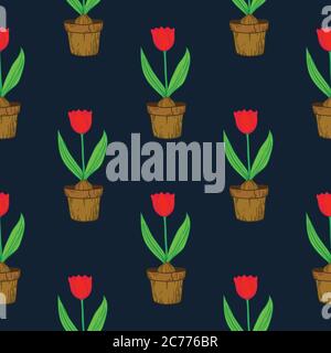 Niedliches Nahtloses Muster mit Tulpen in Töpfen. Vektor floralen Hintergrund. Stock Vektor