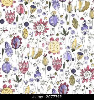 Florales Doodle nahtloses Vektor-Muster. Blume Sommer handgezeichneten Hintergrund mit trendigen Natur abstrakte Skizze Illustration mit Speichern echte Textur. Stock Vektor