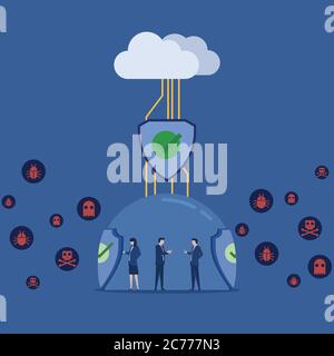 Geschäftsteam hält Telefontabletts mit der Cloud verbunden, die durch Schutz vor Viren geschützt sind, um die Metapher einer sicheren Verbindung zu bewahren. Stock Vektor