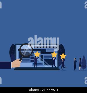 Business Hand Hold Vergrößere Bewertung und Bewertung mit Stern auf Landing Page Web. Stock Vektor