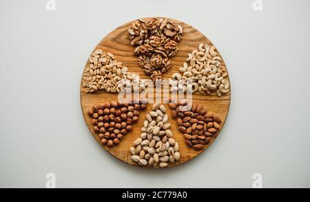 Verschiedene Arten von Nüssen, Nussmischung von Mandeln, Haselnüssen, Cashewnüssen, Erdnüsse Stockfoto