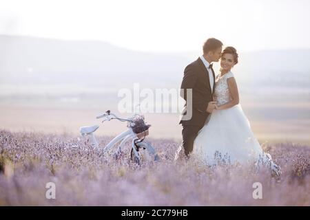 Brautpaar in einem Lavendelfeld bei Sonnenuntergang, Braut und Bräutigam Stockfoto