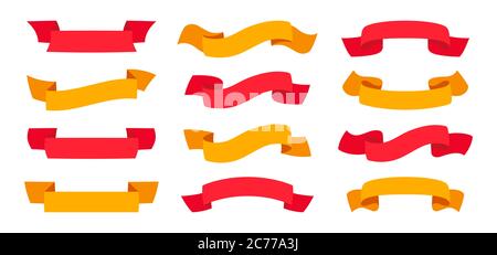 Band gelb und rot gesetzt. Tape blank flache Kollektion, dekorative Ikonen. Vintage-Design, farbige Bänder Zeichen Cartoon-Stil. Web Icon Kit mit Text-Bannerbändern. Isolierte Vektordarstellung Stock Vektor