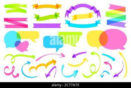 Überlappende Farbe Comic Sprechblase, Band, Pfeil gesetzt. Farbenfrohes Überdruckbanner. Handgezeichnete Markierungslinie für Textmarker. Schneiden verschiedener Formen leere Ballons. Isolierte Vektordarstellung Stock Vektor