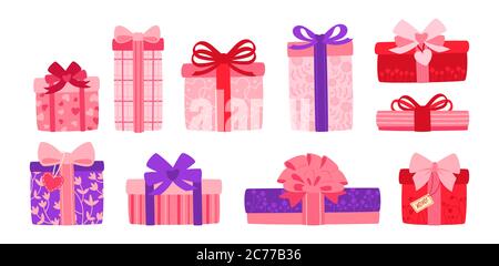 Geschenk-Box Valentinstag Wohnung Set. Cartoon-Boxen verschiedene Formen mit Band Schleifen. Urlaub romantisch niedlich, Geschenke verziert Herzen verziert, Bogen. Überraschungs-Party-Design-Kollektion. Vektorgrafik Stock Vektor