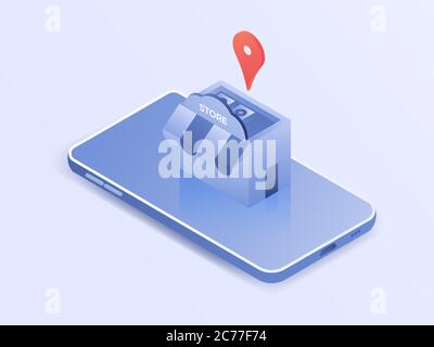 Marktplatz oder Geschäft Gebäude auf Smartphone mit Kartenzeiger Vektor-Design. isometrische 3D-Darstellung Stock Vektor