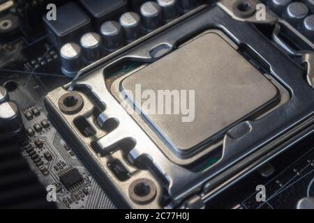 Nahaufnahme cpu-Sockel auf Hauptplatine Computer-PC mit cpu-Prozessor Stockfoto