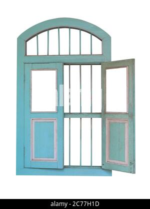 Hellgrüne Farbe alte Holzfenster. Isoliert auf weißem Hintergrund. Mit Beschneidungspfad speichern Stockfoto