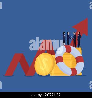 Business Flat Vektor Konzept Team Handshake für Umsatz zu erhöhen mit Münzen und Rettungsring Metapher für Wachstum und Strategie. Stock Vektor