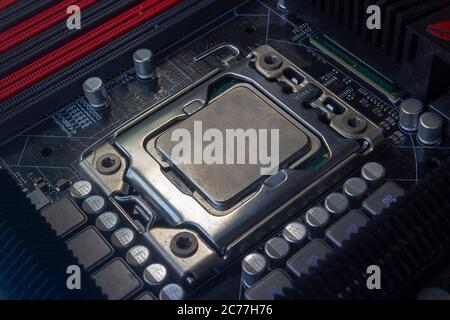 Nahaufnahme cpu-Sockel auf Hauptplatine Computer-PC mit cpu-Prozessor Stockfoto