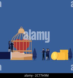 Business flach Vektor-Konzept Mann zahlen für Herz auf dem Käfig Metapher der Krankenversicherung. Stock Vektor