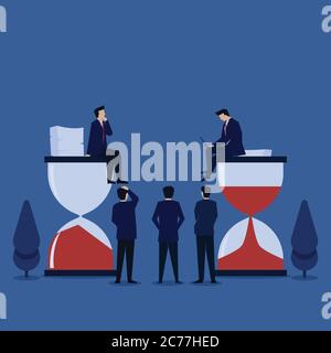 Business flach Vektor Konzept Mann sitzen über Sand Zeit denken und arbeiten Metapher der effektiven Arbeiter. Stock Vektor