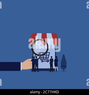 Business flache Vektor-Konzept-Team überprüfen Warenkorb am Telefon mit vergrößern Metapher der Marktforschung. Stock Vektor