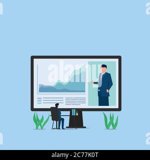 Mann stellt Unternehmensstatistik über Videokonferenz und Manager hören auf Monitor. Business Flat Vektor-Konzept Illustration. Stock Vektor