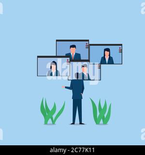 Mann trifft andere Menschen per Videoanruf Metapher des Online-Meetings. Business Flat Vektor-Konzept Illustration. Stock Vektor
