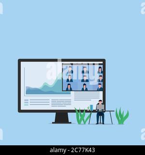 Mann sitzen mit Laptop präsentieren Unternehmensverkäufe und Finanzen über Videokonferenz Metapher der Online-Präsentation. Business Flat Vektor-Konzept Illustration. Stock Vektor