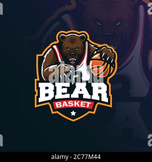 Bär Basketball Maskottchen Logo Design Vektor mit moderner Illustration Konzept Stil für Abzeichen, Emblem und T-Shirt Druck. Wütend Bär Illustration. Stock Vektor