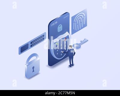 Mann, der Anti-Virus-Datensicherheit mit Schild-Symbol. Isometrische 3D-Vektordarstellung Stock Vektor