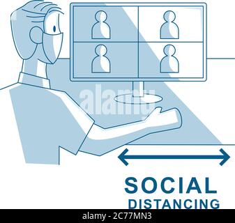 Illustration eines Mannes, der für Videokonferenzen einen Laptop verwendet Stock Vektor