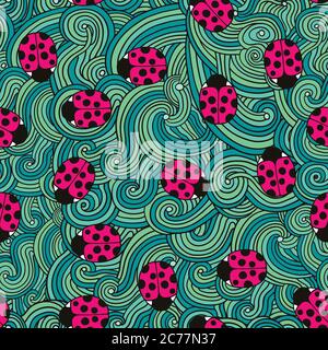 Nahtloses Muster mit niedlichen Marienkäfer und lockigen abstrakten Linienelementen. Vektorgrafik. Stock Vektor