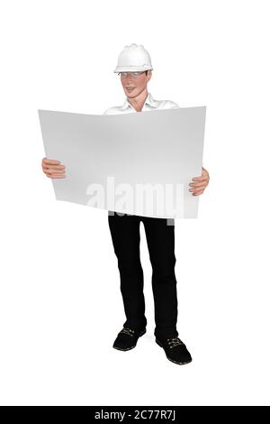 Zufriedene Ingenieur in Brille steht und prüft Haus Baupläne - mockup - isoliert auf weißem Hintergrund - 3d-Illustration Stockfoto