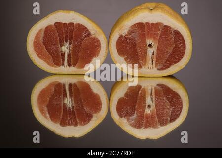 Halb transparente Grapefruitscheibe auf einem Hintergrund mit Spiegelung. Stockfoto
