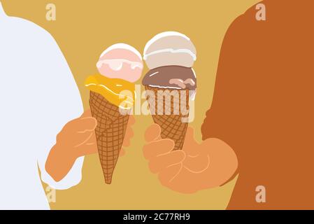 Paar hält zwei Eis in einem Waffelkegel auf dem Hintergrund, Nahaufnahme. Vektor-Illustration in flachen Cartoon-Stil Stock Vektor