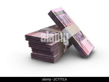 Ein Stapel gebündelter Thailand Baht Banknoten auf einem isolierten Hintergrund - 3D Rendering Stockfoto