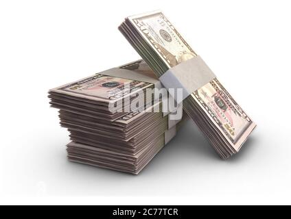 Ein Stapel gebündelter US-Dollar-Banknoten auf einem isolierten Hintergrund - 3D-Rendering Stockfoto