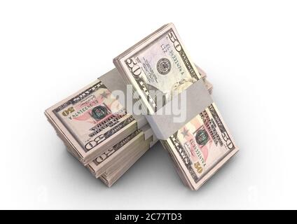 Ein Stapel gebündelter US-Dollar-Banknoten auf einem isolierten Hintergrund - 3D-Rendering Stockfoto