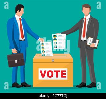 Geschäftsleute, die Dokumente mit Kandidaten in die Wahlurne stellen. Hand mit Wahlschein. Abstimmungspapier mit Gesichtern. Vektorgrafik in flacher Form Stock Vektor