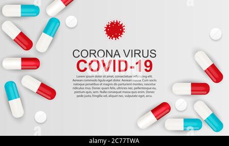 Gesundheit Medical Corona Virus Covid 19 Hintergrund mit Pillen. Vektorgrafik Stock Vektor