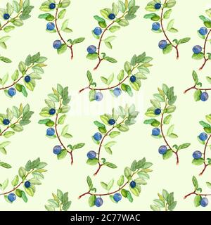 Wild Pflaume Zweig mit Blättern und reifen Früchten, handbemalte Aquarell-Illustration, nahtlose Muster-Design auf weichem gelben Hintergrund Stockfoto