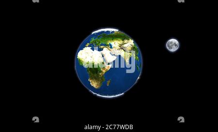 Erde rotiert und Mond umkreist im Raum mit sternenklaren Milchstraße 3D-Rendering Stockfoto