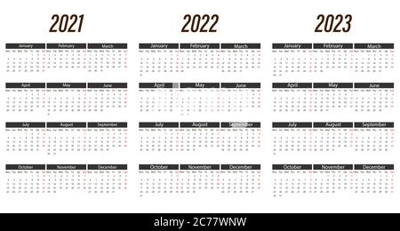 2021, 2022, 2023 Kalender, Woche Montag. Vektorgrafik, flache Ausführung. Stock Vektor